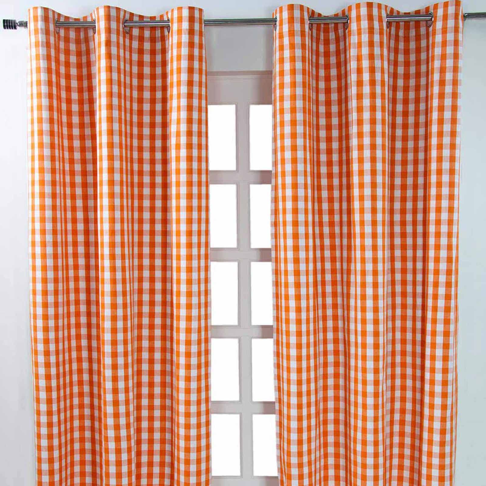Homescapes Cotton Block Check Gingham Eyelet Curtain Pair - Orange - 117 cm width x 137 cm drop