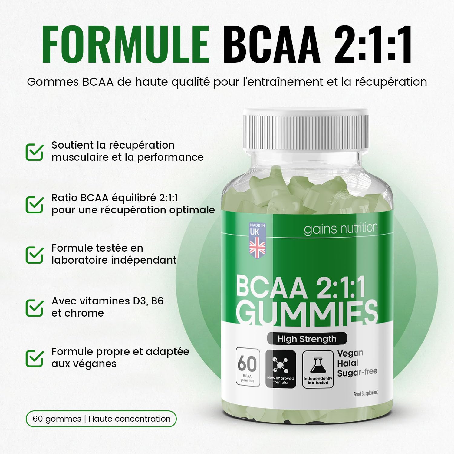 GN BCAA Gummies | 60 Gommes Acides Amines BCAA - 1000 mg Acide Aminé ramifié par portion - Complément L-Leucine L-Isoleucine L-Valine | Saveur pomme | Sans OGM Convient aux Végétaliens et Végétariens