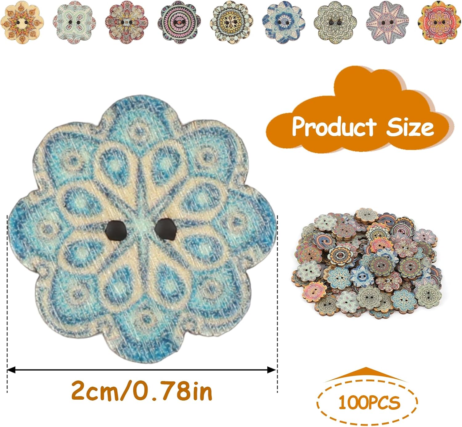 100Pcs Mixed Pattern Vintage Flower Wooden Buttons 3/4 Inch 20mm Assorted Buttons 2 Holes Sewing Random Flower Painting Buttons Cute Decorative Buttons for Crafts Sewing, Shirt, Clothing Replacement