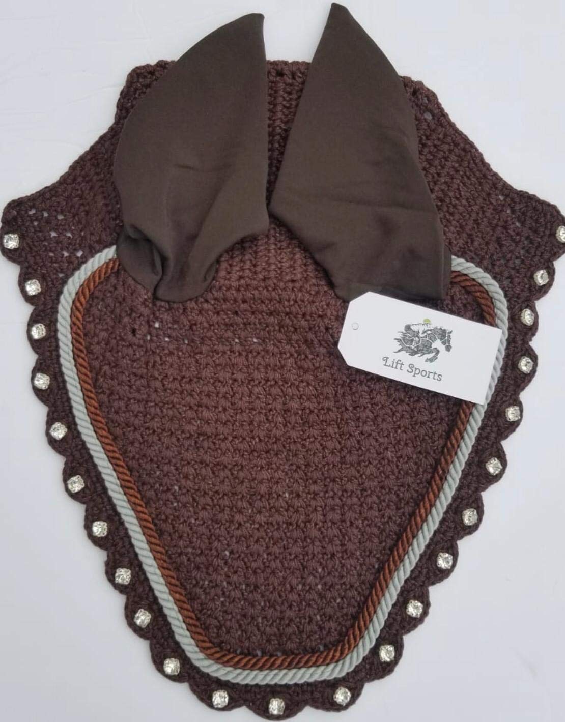 Horse Fly Bonnet with Ears Net Mask Veil with Crystals Blings Hand Made Breathable Cotton Crochet Shows Protect from Bugs and Flies (Cob, Brown)