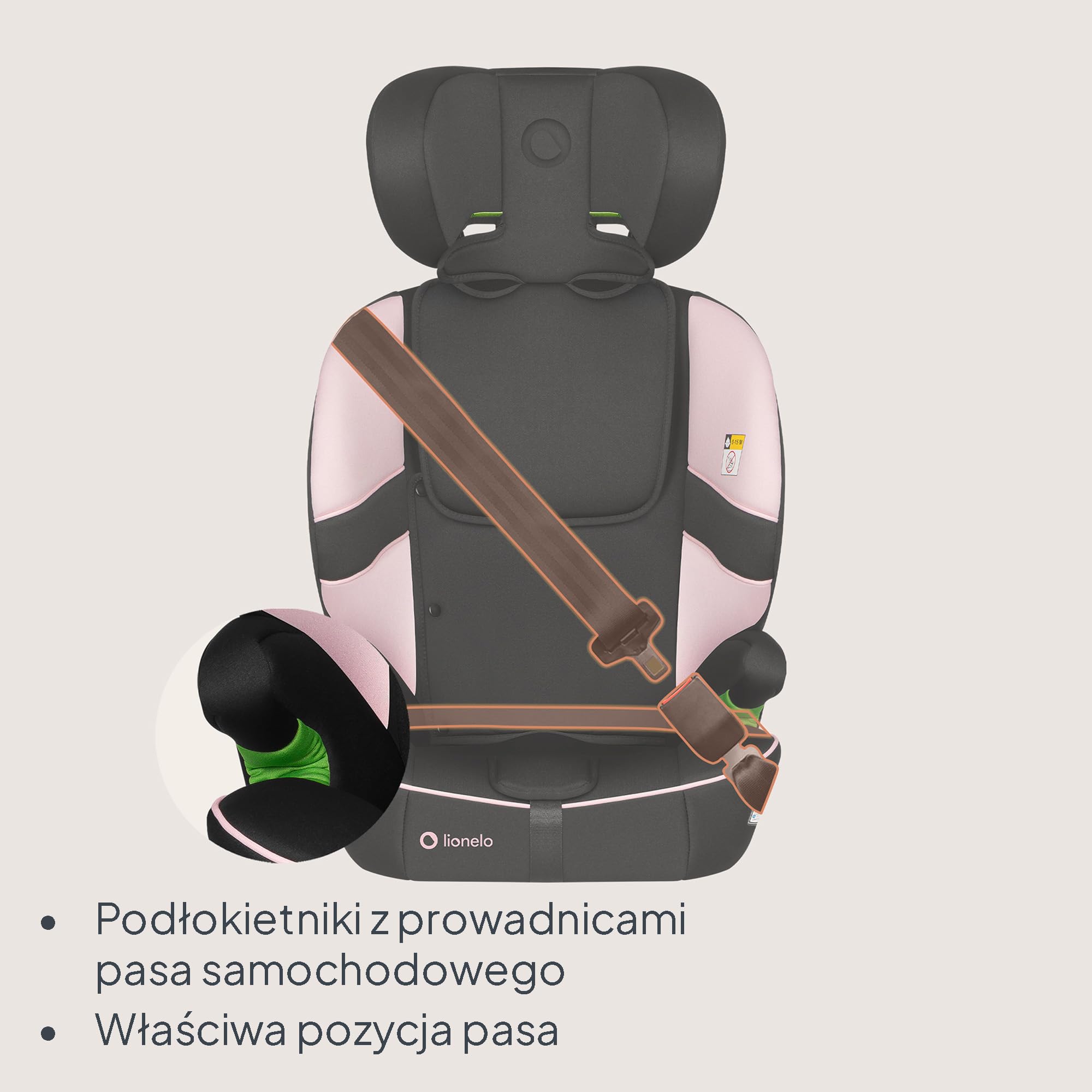 LIONELO Fotelik samochodowy Billy i-Size dla dzieci 76-150 cm (15 miesięcy – 12 lat) montaż na pasku lub na pasku, 10-pozycyjny zagłówek, ochrona boczna, górny pasek mocujący, 5-punktowa uprząż z