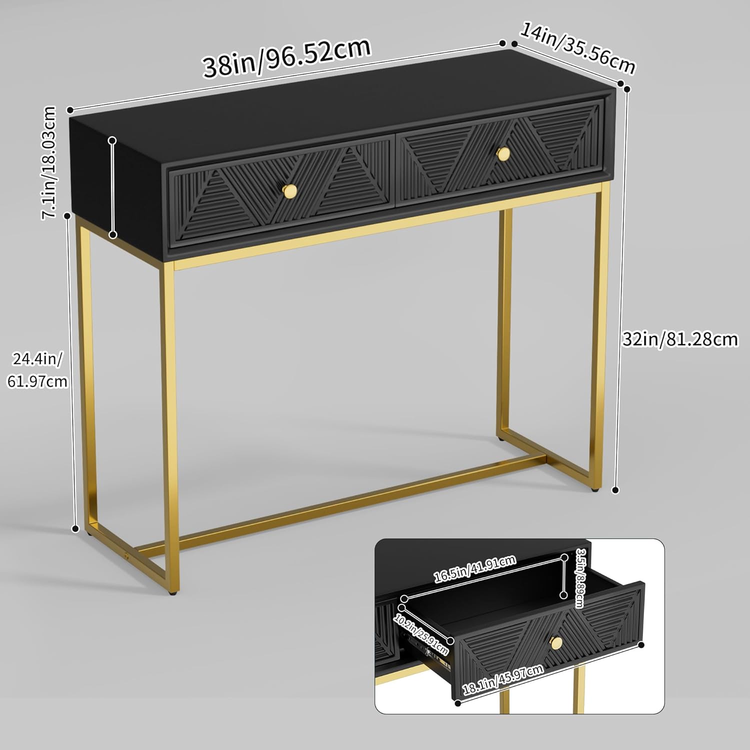 38" Narrow Console Table with 2 Fluted Drawers, Industrial Sofa Table Behind Couch with Gold Metal T-Legs, Entryway Table for Small Spaces Hallway Living Room (Black)