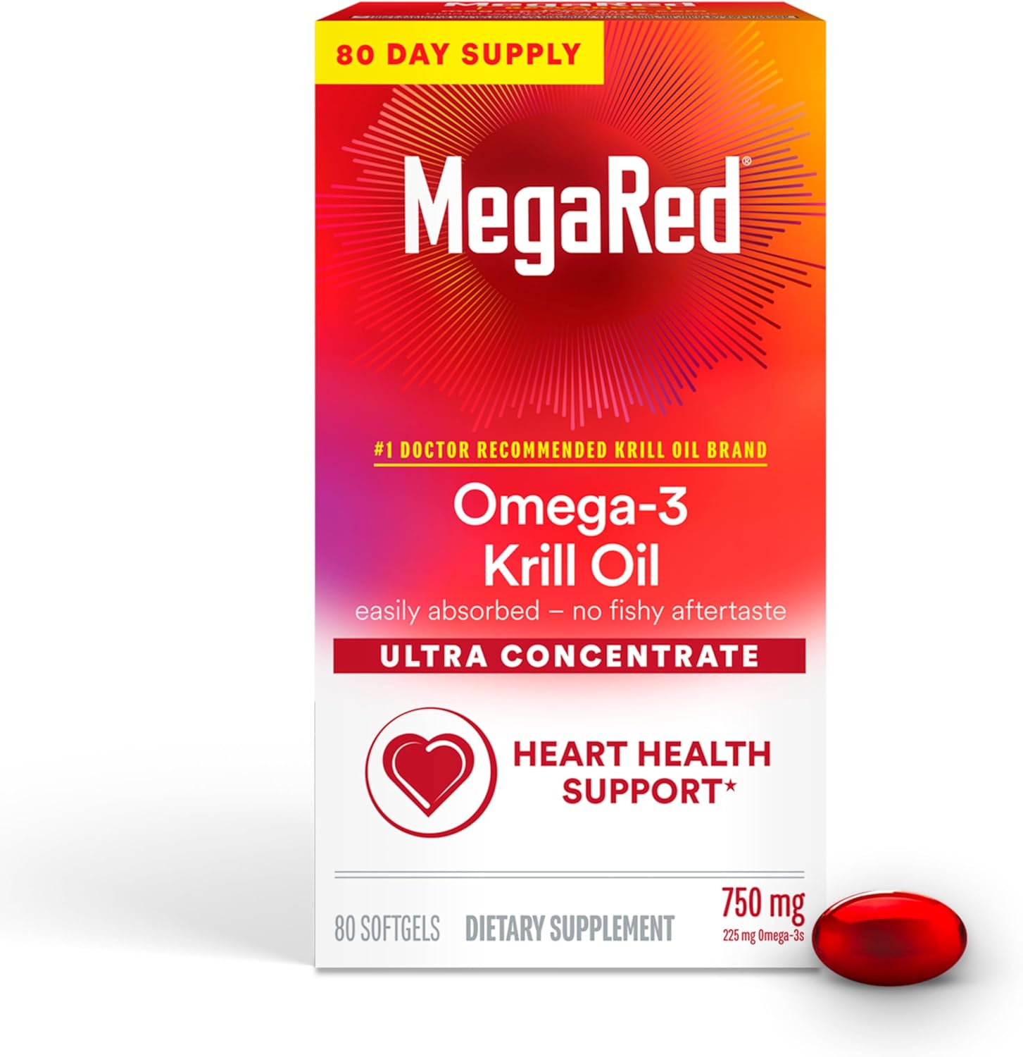Exp 03/2027)MegaRed Antarctic Krill Oil 750mg, Omega 3 Fatty Acid Supplement, Ultra Concentrate EPA & DHA Softgels, Antioxidant Astaxanthin, Heart Health Supplement with No Fish Oil Aftertaste, 80ct
