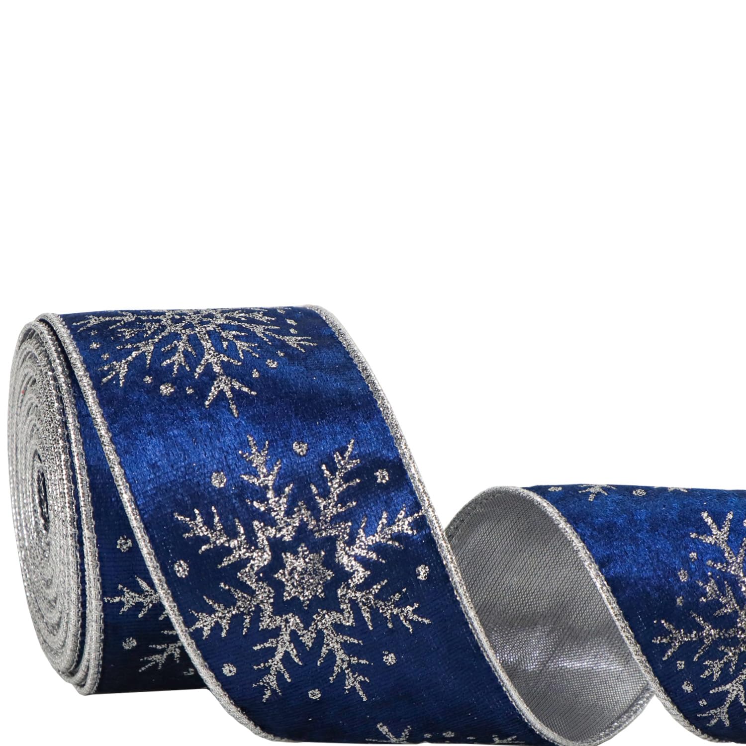 Velvet Wired Ribbon with Glitter Snowflake for Christmas Tree Decorations, Gift Wrapping, Wreath Bow Making,DIY Crafts, 6.3cm x 10 Yards (Navy Blue)