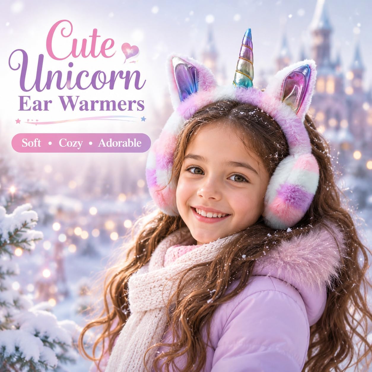 ZTL Foldable Unicorn Earmuffs for Girls Kids Women Soft Plush Winter Ear Warmers