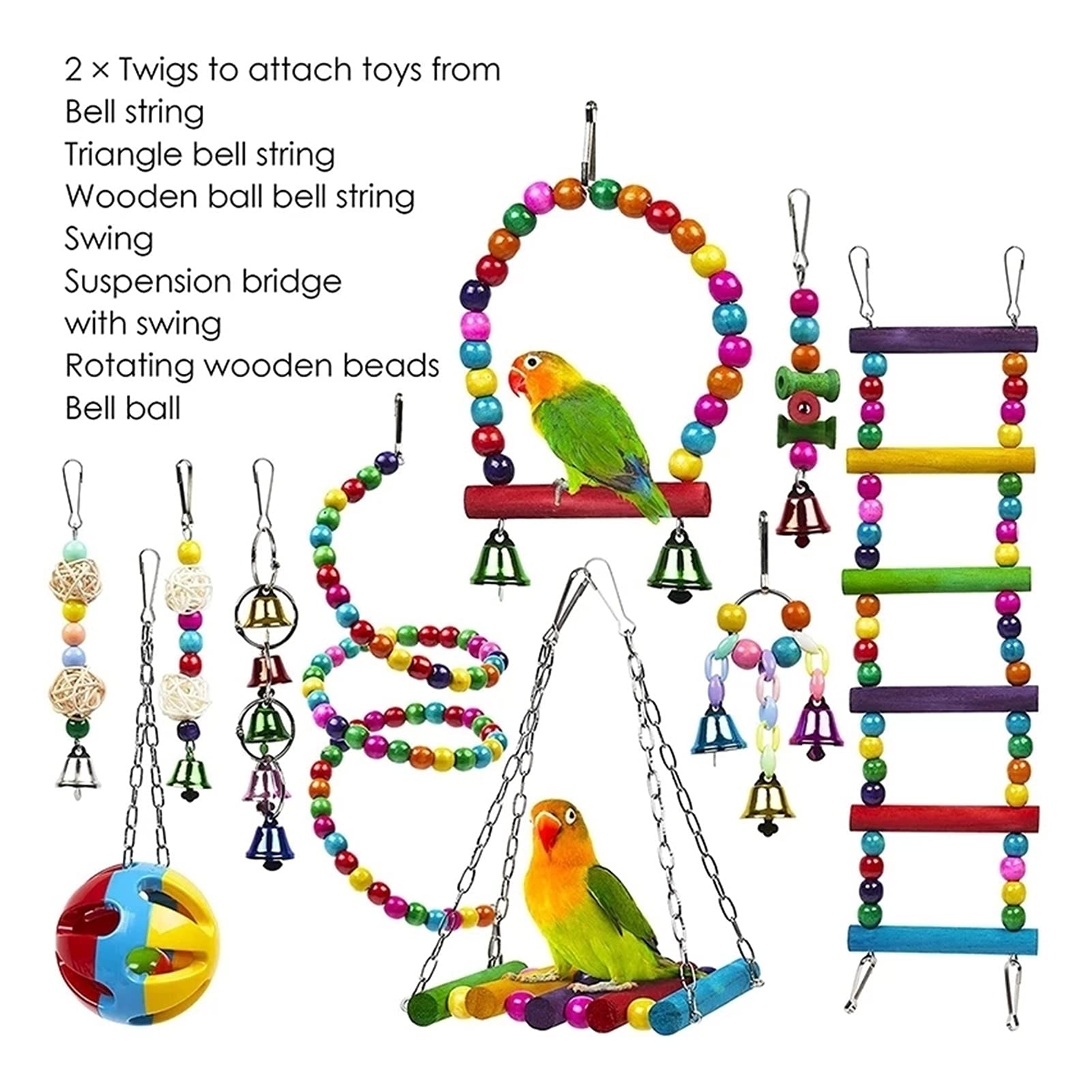 Vogelspielzeug 10 stücke Vogel Spielzeug Kaubare Papagei Vogel Käfig Spielzeug Kau Bissbrücke Holz Perlen Ball Bell Schwing Vogel Käfig Barsch Hängen Spielzeug