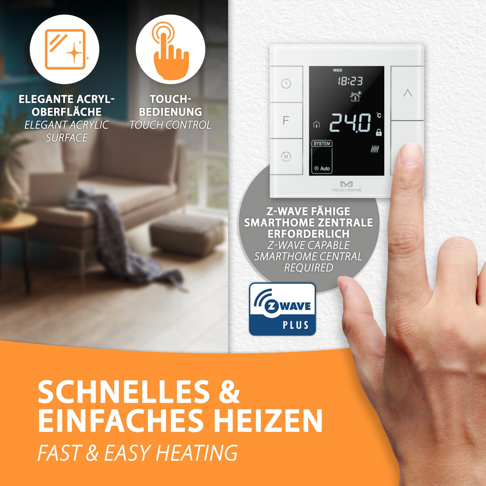 MCO Home Z-Wave Raumthermostat MH7H-EH für Fußbodenheizung & Infrarot-Heizung/Z-Wave Smarthome kompatibel weiß