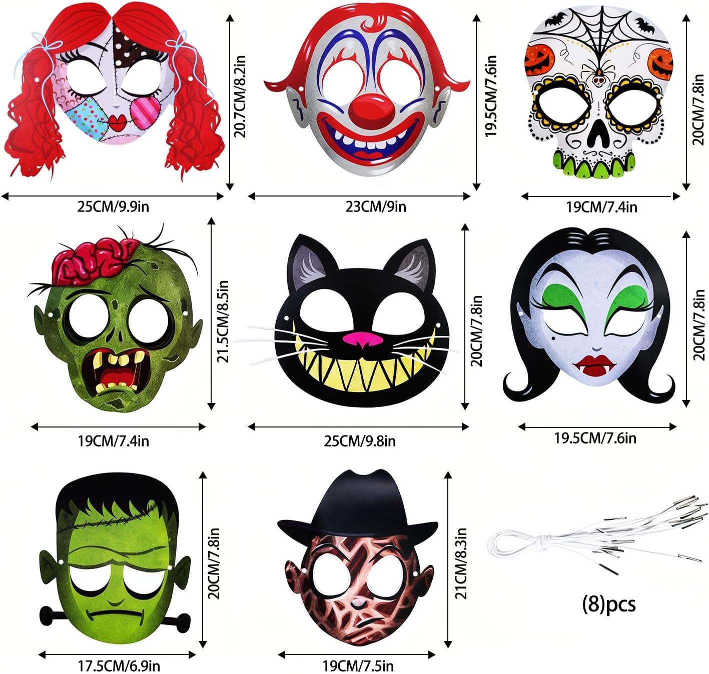 8 Pieces Cartoon Zombie Mask Theme Party Supplies, Halloween Cat Clown Skeleton Paper Masks Theme Party Costumes Decoration Adult