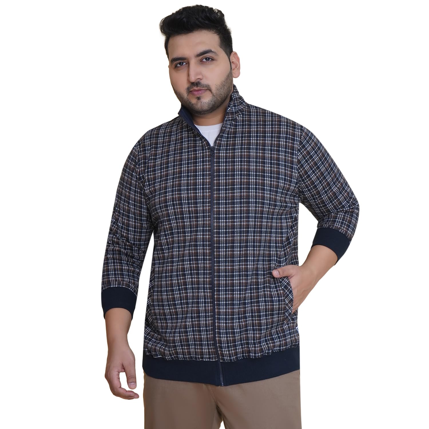 Plus Size Men Regular Checked Navy Blue Front-Open Mock Collar Sweatshirt(JPSWT75203)-image-24