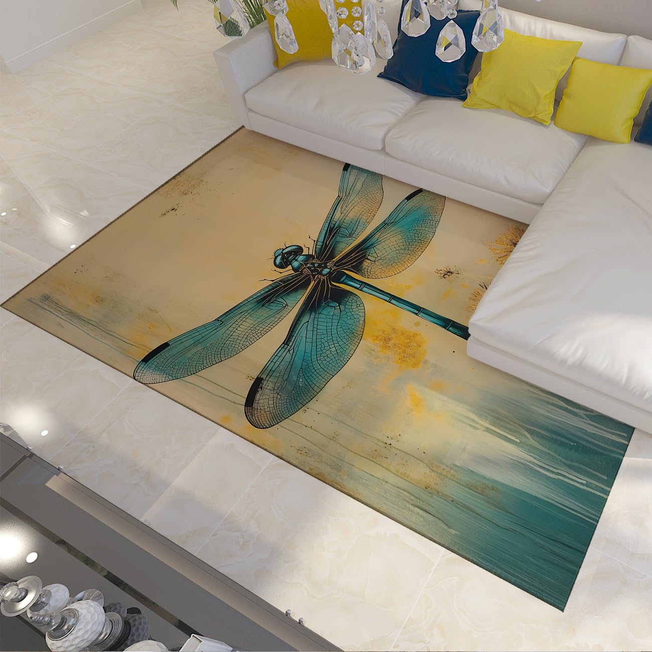 Tapis de cuisine et salon style naturel fleurs bleues lavable 3'x4'