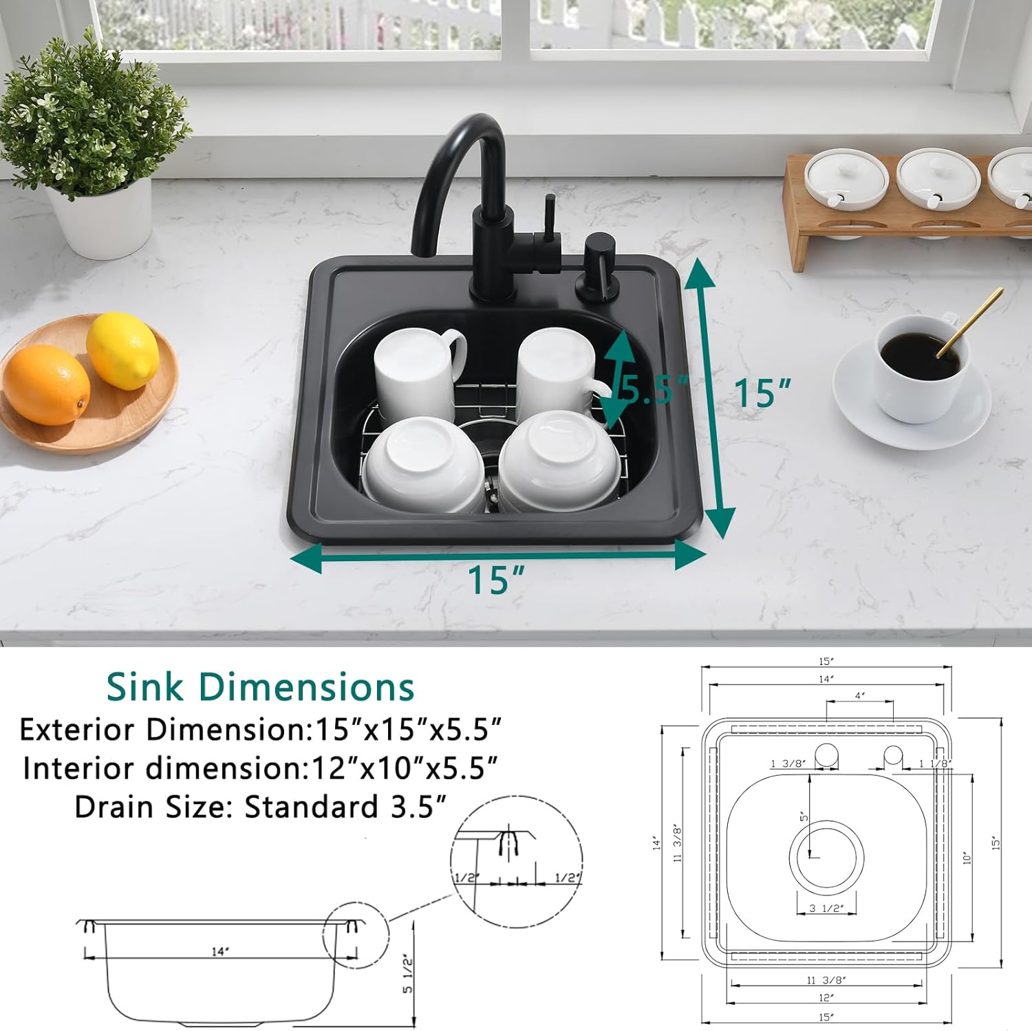 15 Inch Black Drop In Bar Sink-Bokaiya 15x15 Small Wet Bar Prep Sink Outdoor Rv 18 Gauge Stainless Steel Single Bowl Kitchen Sinks with Dish Grid