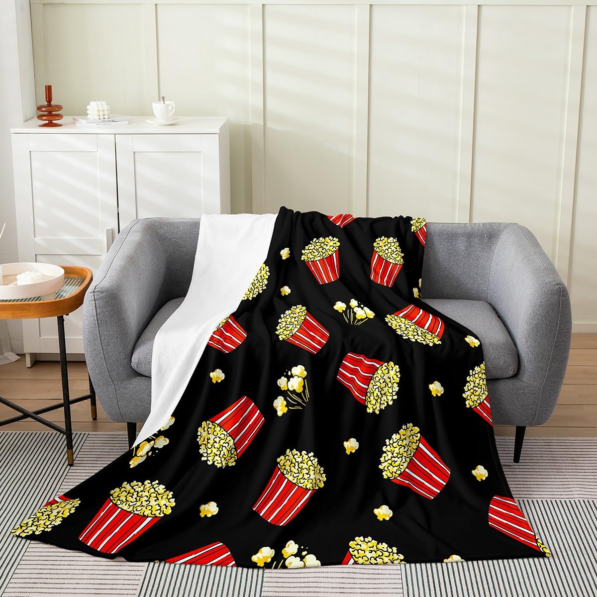 Feelyou Popcorn Plush Throw Blanket, for Girls Boys Movie Theater Food Flannel Fleece Blanket Vintage Cinema Movie Theater All Season,Bed Blanket Room