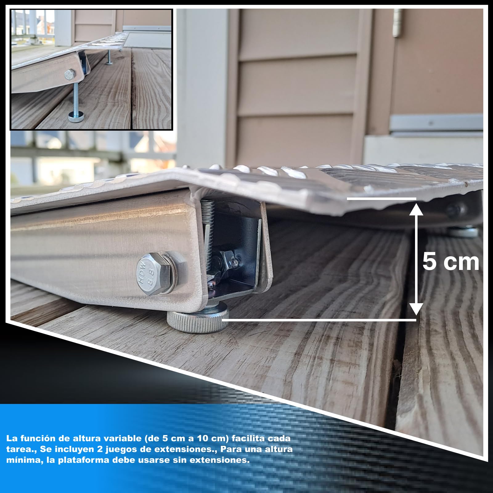 Rampa Umbral Rígida para Sillas de Ruedas Plataforma de Carga Altura Variable Regulable Superficie Antideslizante Aluminio Anodizado 1TR90