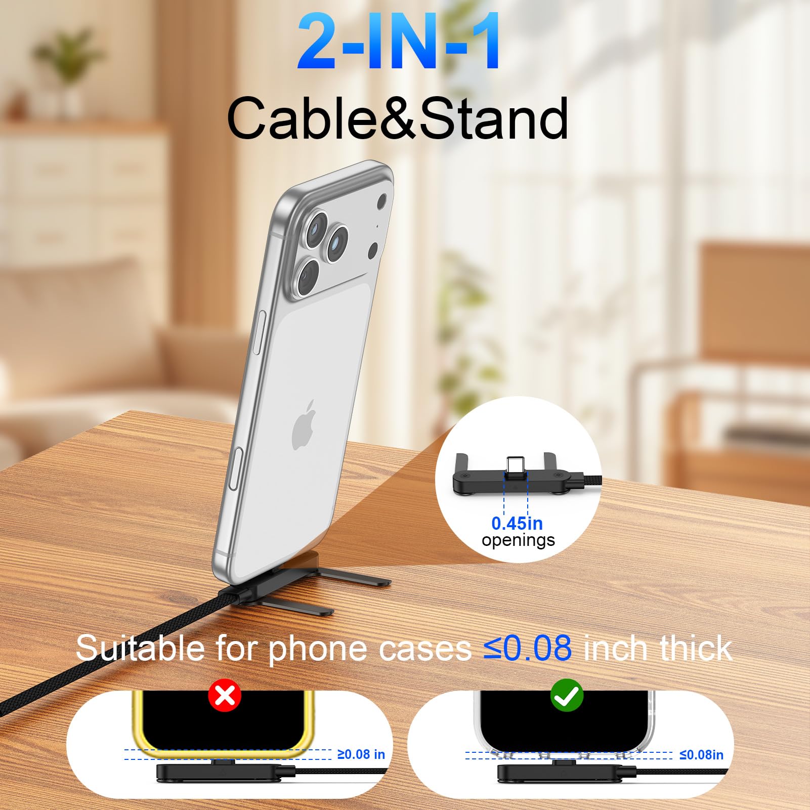 Cavo di ricarica invisibile da 240 W da USB C a USB C, cavo di ricarica rapida ad angolo retto da 1,5 m, con supporto per telefono integrato, cavo USBC piatto per Samsung S26 Ultra S25 A17 S24, iPhone