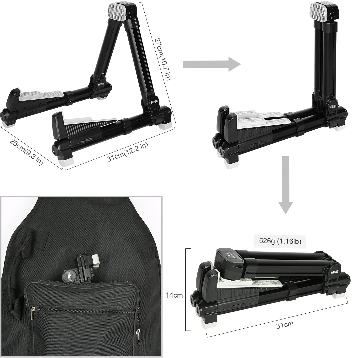 SGPRO Soporte para guitarra, bandeja y respaldo, soporte ajustable para instrumentos para guitarra eléctrica, guitarra acústica, bajo, guitarra clásica, ukelele, mandolina y soporte de banjo, material | Para guitarras eléctricas, acústicas, bajas y clásic