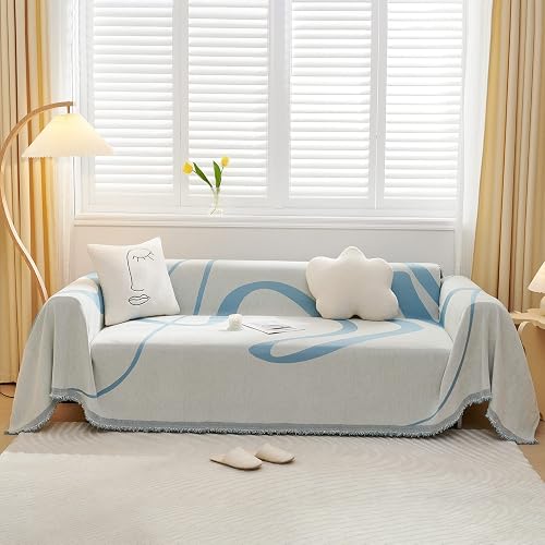VClife Boho Cream White Blue Stripe Couch Cover with Tassel, 71 x 134