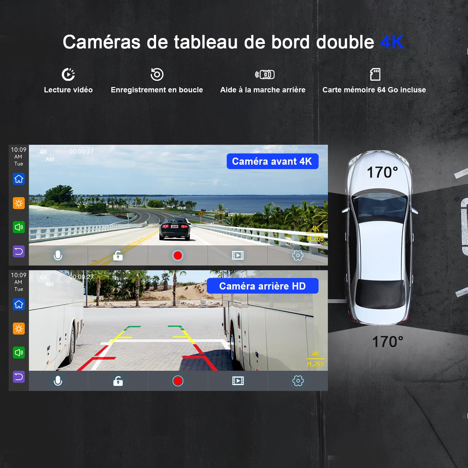 Avylet 9,26'' Carplay Voiture Apple CarPlay & Android Auto, dashcam Avant 4K + caméra de recul HD, 60FPS, Mise à Jour OTA, GPS, Commande vocale, Mirror Link, Bluetooth 5.2, AUX, FM，avec 64Go Carte