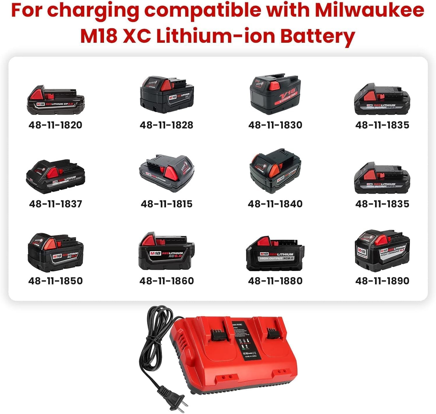 Fast Charger Replacement for Milwaukee M18 Battery Charger Station – Dual Slot Charging Base Compatible with 18V Lithium-Ion Batteries, 48-11-1830, 48-11-1850, 48-11-1860, Smart LED Indicator - Image 6