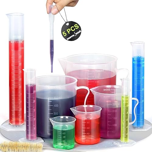 moveland Upgraded Plastic Graduated Cylinder and Plastic Beakers Set - Graduated Cylinder 10ml 25ml 50ml 100ml, Beakers 50ml 100ml 250ml 500ml 1000ml, 5 Pcs Pipettes, Ideal for DIY and Science Lab