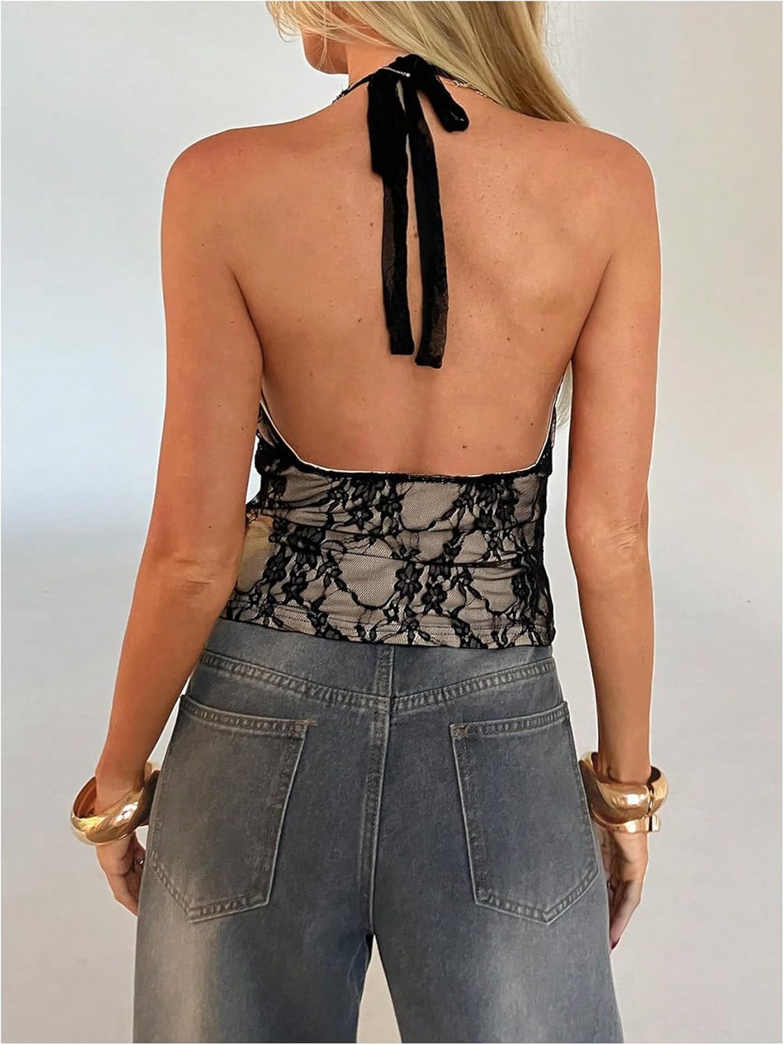 Women's Floral Lace Halter Top Y2k Tie Backless Sleeveless Fitted Going Out Tops Party Club Outfits - Image 2