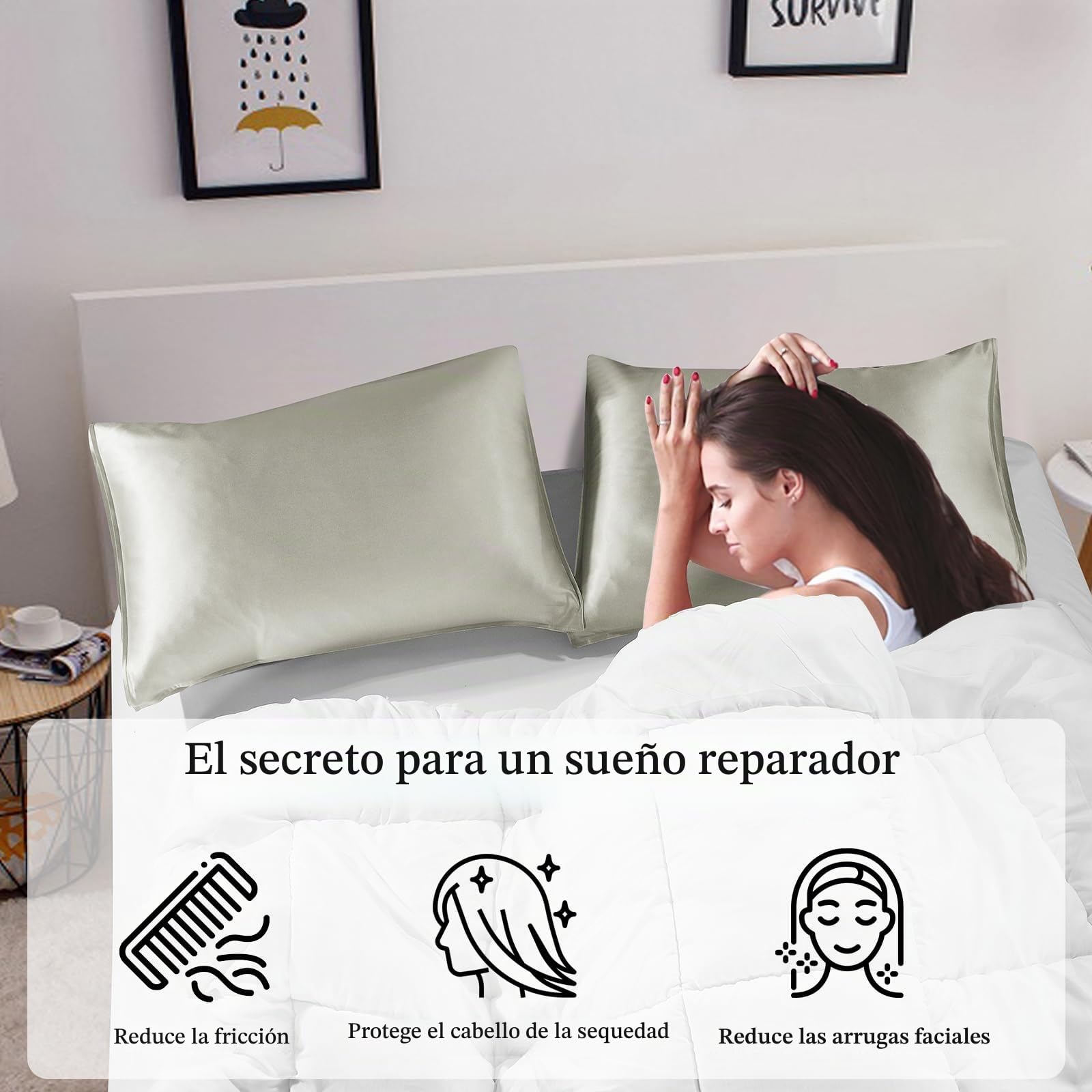 Fundas de Almohada de Seda 100% Morera Natural 20 Momme, Suaves y Cuidado de la Cabello Funda de Almohada de Seda 2 Piezas Verde pálido (50 * 75cm)