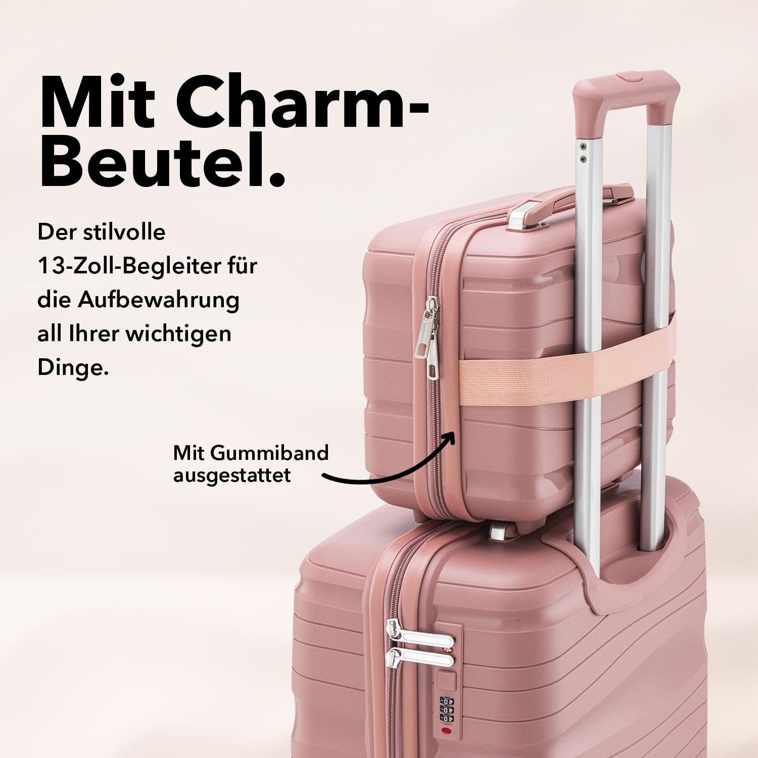 Travel One Kofferset 4-teilig – Rosa – Hartschalen Trolley-Set 32/60/98L, Zahlenschloss & 360° Rollen