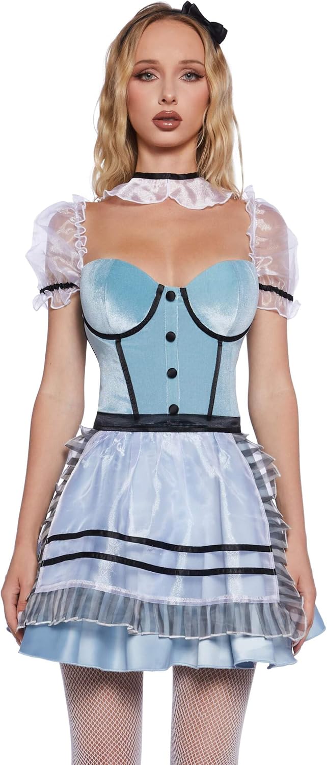 Dolls Kill Looking Glass Girl Costume Set by Trickz N’ Treatz – Dress, Apron, Petticoat, Collar, and Headband