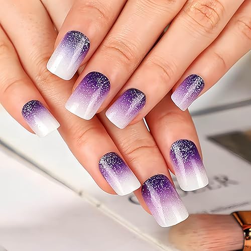 Miniatura 77 de 24 uñas postizas cuadradas medianas con punta francesa a presión, pegamento brillante en las uñas, uñas postizas de cobertura completa con diamantes