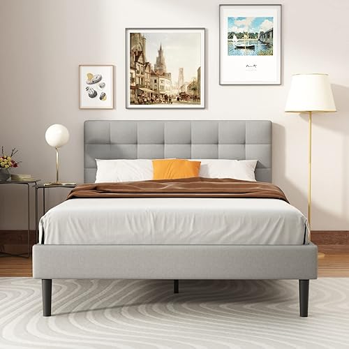UNIZONE Queen Size Upholstered Bed Frame with Tufted Headboard, Platform Bed with Linen Fabric Headboard, Wood Slats Support, Mattress Foundation, No Box Spring Needed, Easy Assembly, Light Gray