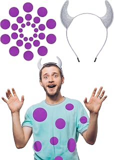 46 Pcs Halloween Blue Furry Monster Costume Accessories Include Glitter Devil Horns Headband and 45 Purple Adhesive Felt Circles DIY for Adult Women Men Halloween Cosplay Party