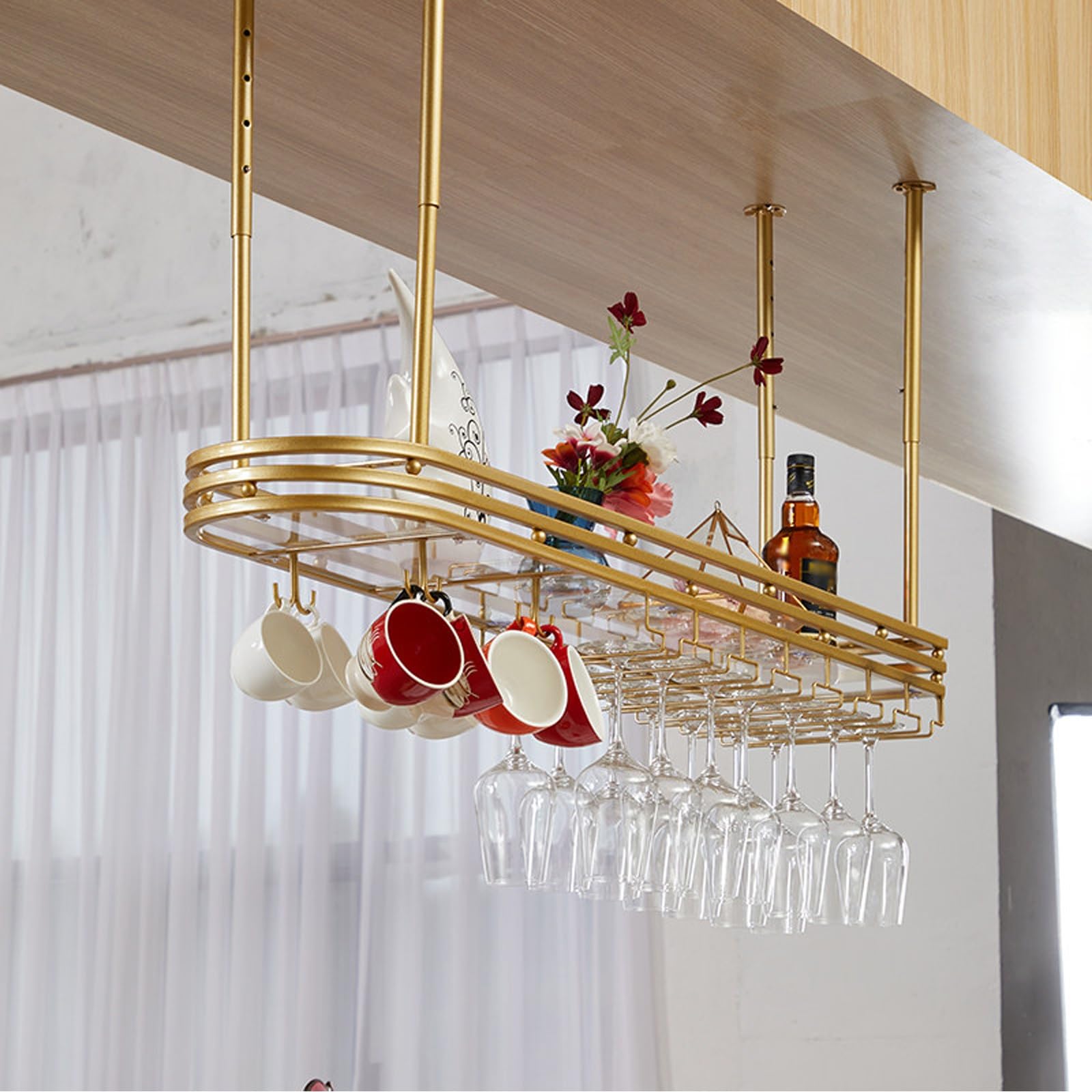 ASYJVWYZ Wine Glass Hanger With Top Shelf, Overhead Mounted Stemware & Coffee Cup Organizer For Kitchen Bar, Adjustable Metal Rack(Gold,80x25cm/31x9.8in)