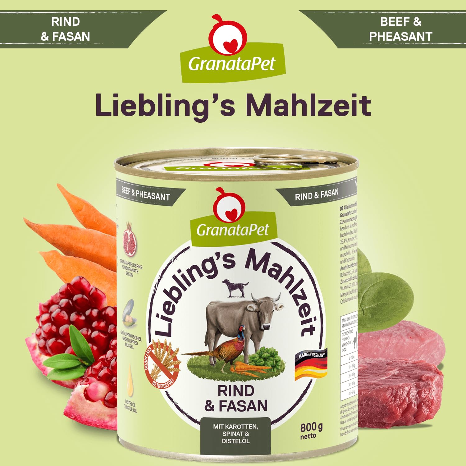 GranataPet Pasto Preferito di Manzo e Fagiano, Cibo Umido per Cani Senza Cereali, 6 x 800 g