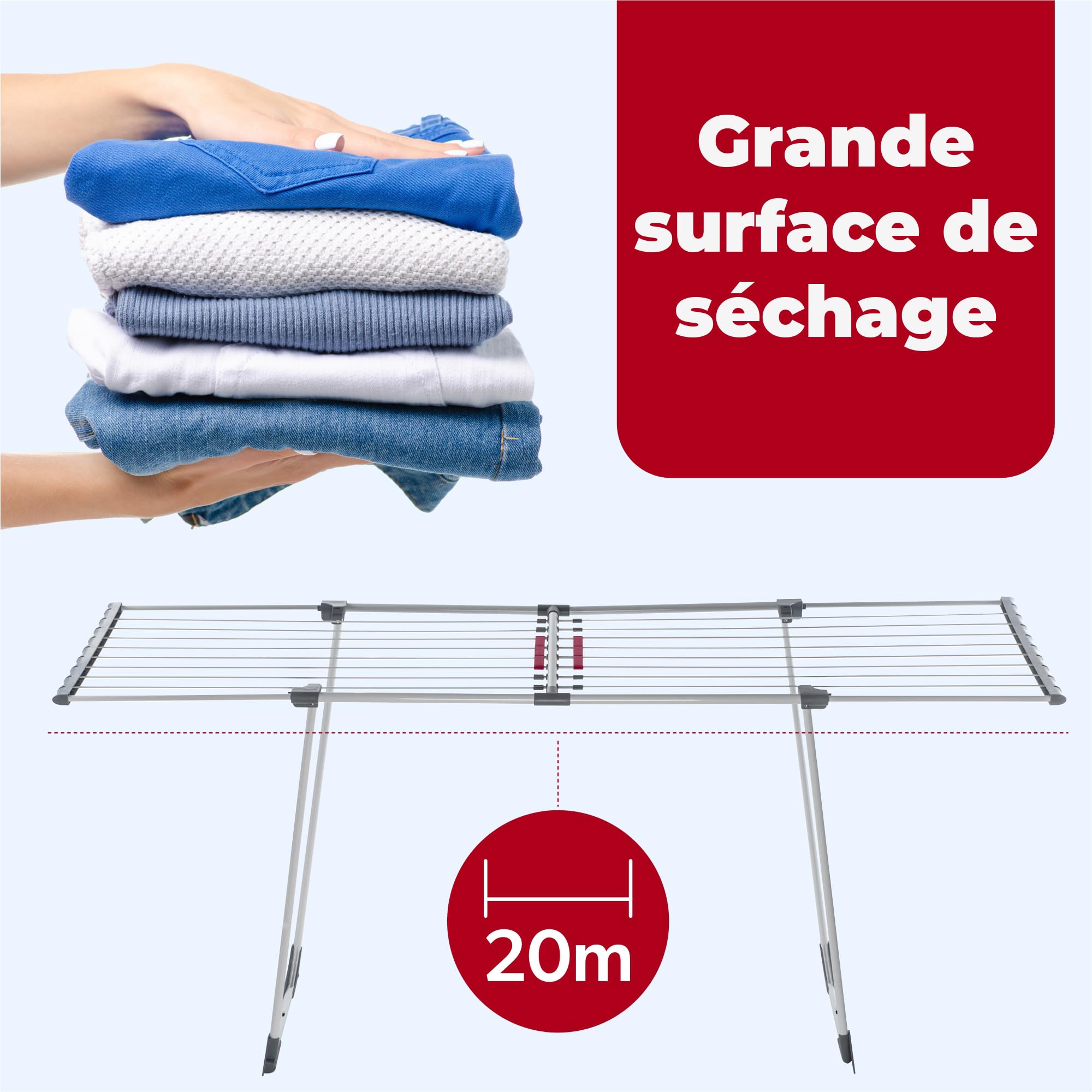 KADAX Étendoir a Linge 20 metres, Support de Sechage sur Pieds, Sechoir Pliable pour Maximiser l'espace de Sechage, Etendoir Telescopique (Gris)