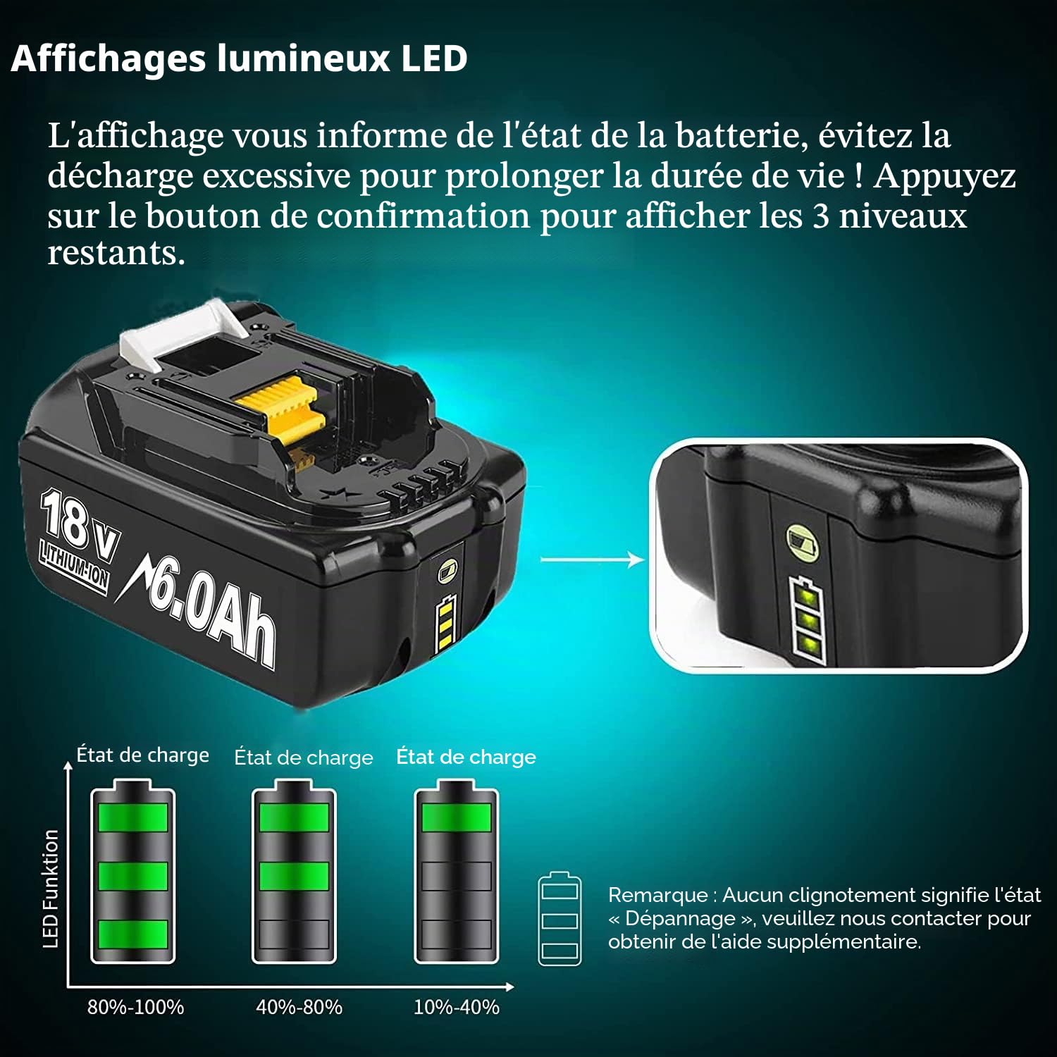 Lot de 2 Batteries de Rechange, 18V, 8.0Ah pour BL1860B BL1850B, BL1840, BL1830, BL1860B, BL1815, BL1835, BL1850B, BL1845, BL1850, BL1860B, 194205-3, LXT-400, avec Batterie LED
