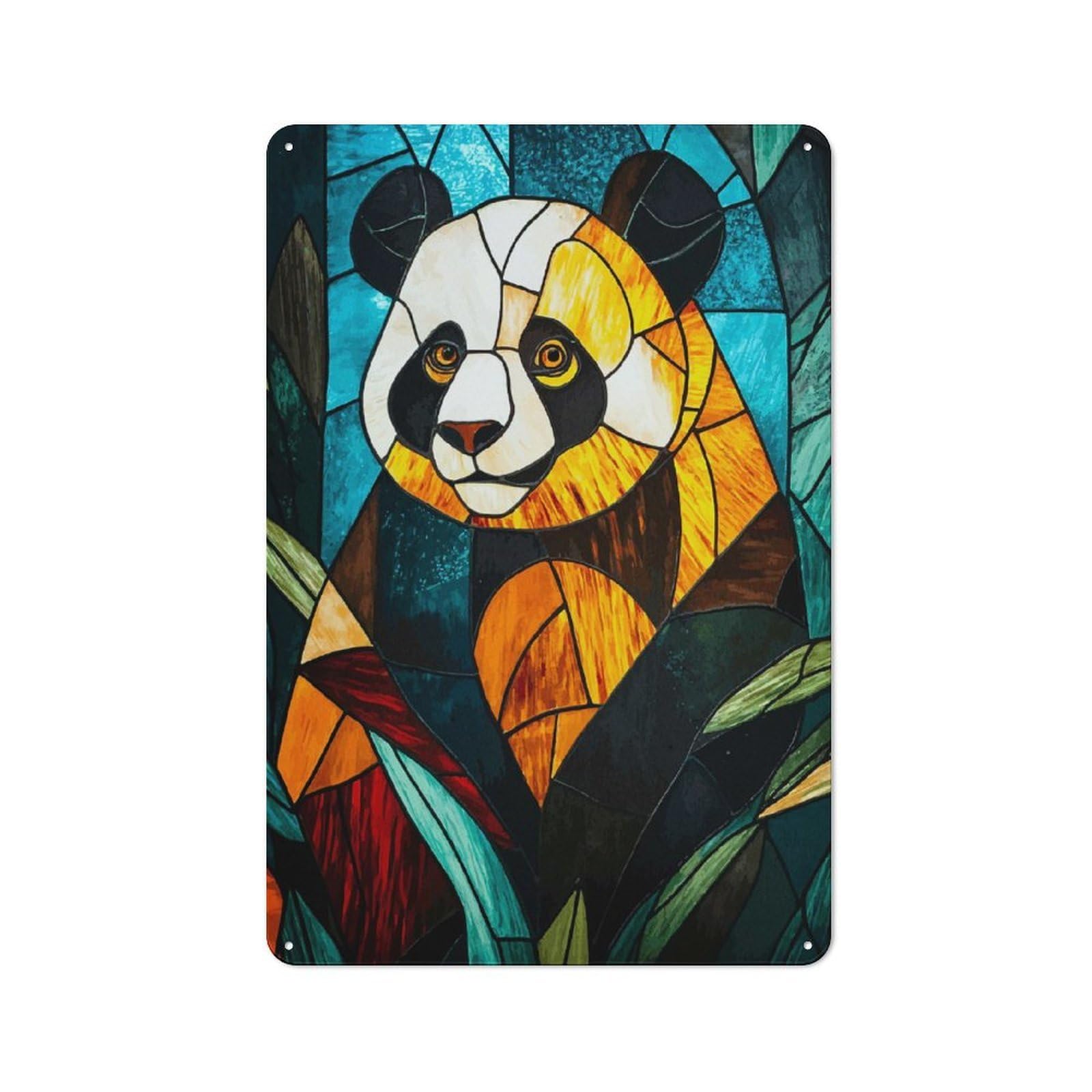 Junmoney Style-21 Stained Glass Panda Cottage Style Metal Wall Decor 30X20cm, Farmhouse Metal Sign For Kitchen, Cottage, Porch Or Garden Room