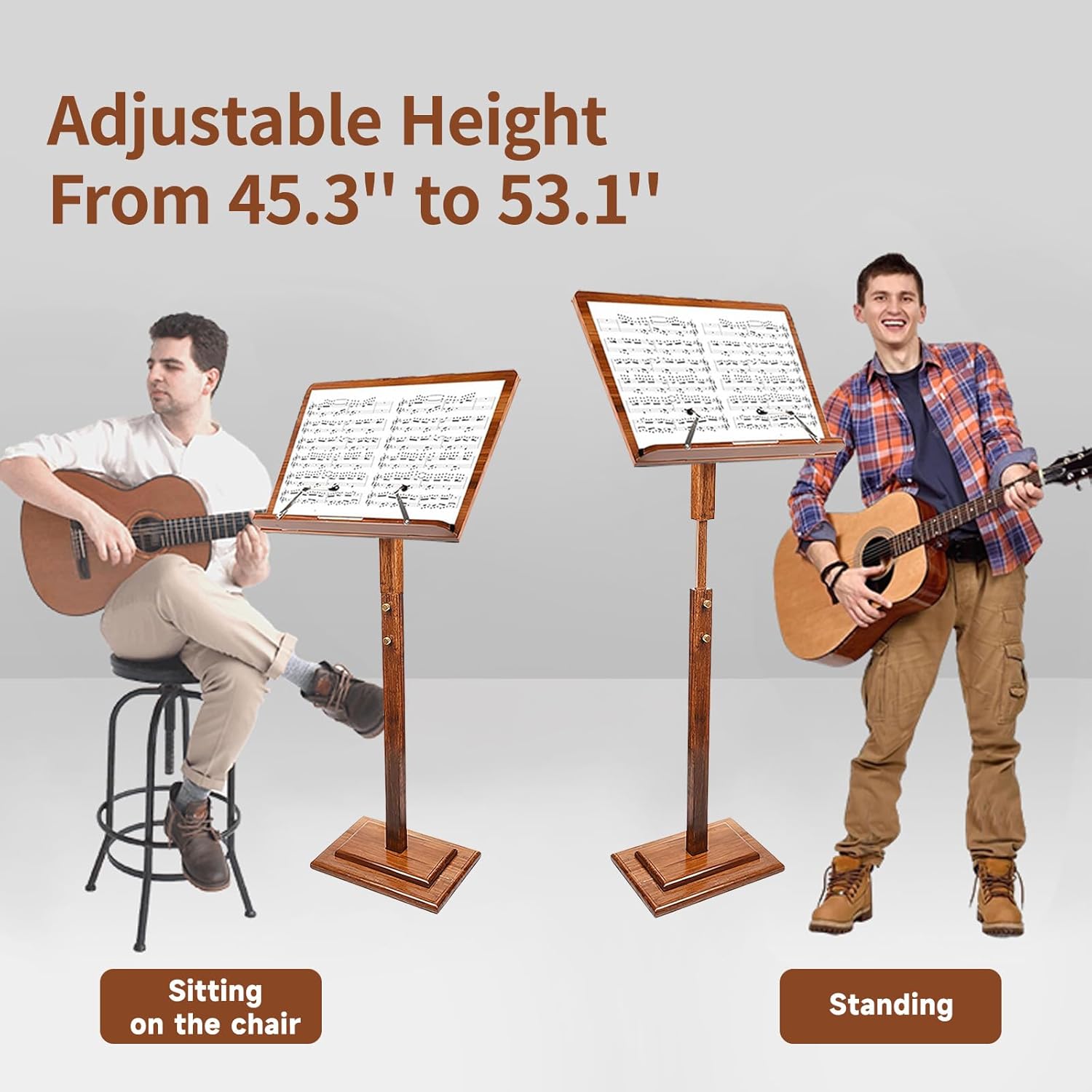 Wooden Music Stand for Sheet Music - Bamboo Desktop Book Stand with Carrying Bag Adjustable Height, Lectern Podium On-Stage Holder for Guitar Violin Piano Players