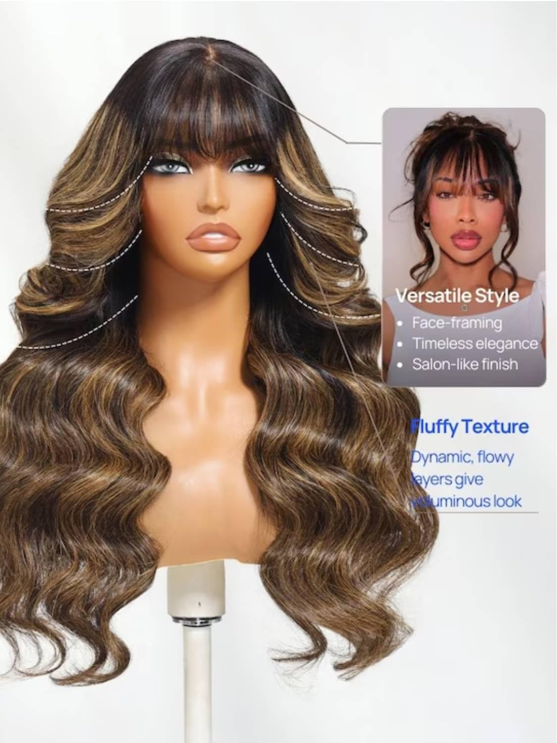 Beauty Forever Pre Everything Glueless Front Balayage Highlight Body Wave Curtain Bangs Glueless Wigs Human Hair Pre Plucked Pre Cut 13x4 Loose Wave Bye Bye Knots Ready to Wear Frontal Wig 18 inch — view 8