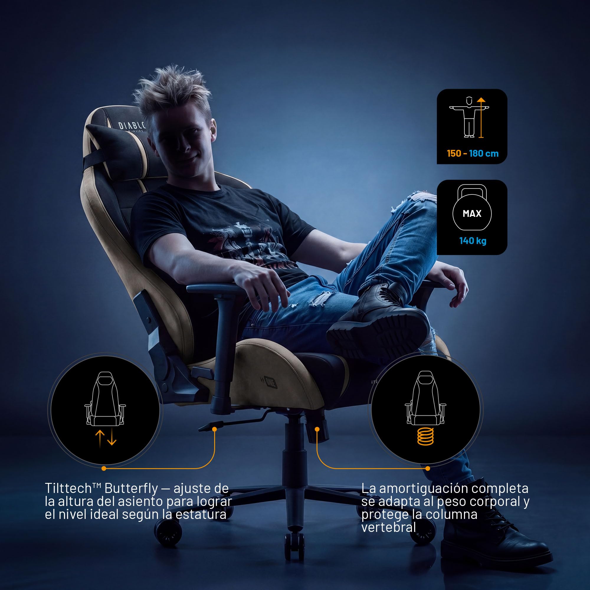 Diablo Silla Gaming ergonomica Tela Transpirable Silla Gamer giratoria hasta 140 kg Respaldo reclinable 140 Grados reposabrazos 3D Ajustables cojin Lumbar reposacabezas Oficina Camel Black