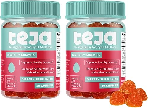 TEJA Gomitas de apoyo inmunológico para adolescentes con vitamina D, VIT C, zinc y acerola. Suplemento bajo en azúcar, multivitamínico de inmunidad