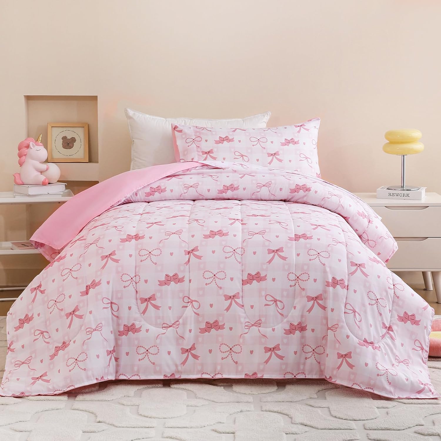 Toddler Size Pink Check Comforter Set for Kids, Toddler, Boys&Girls, 4 Pieces Bed-in-a-Bag Bedding Set, All Season Ultra Soft Oeko TEX Sheets Set with Comforter, (Pink Bow)