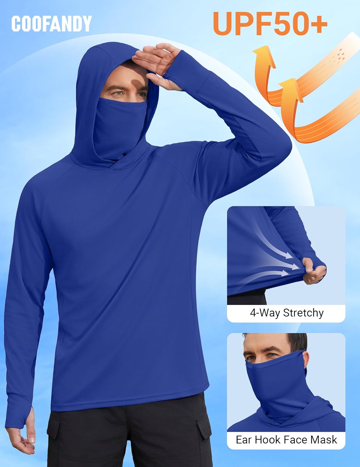 COOFANDY Mens UPF 50+ Sun Protection Hoodie with Mask Lightweight Long Sleeve SPF Fishing Shirts UV Hiking Running Rash Guard - Image 4