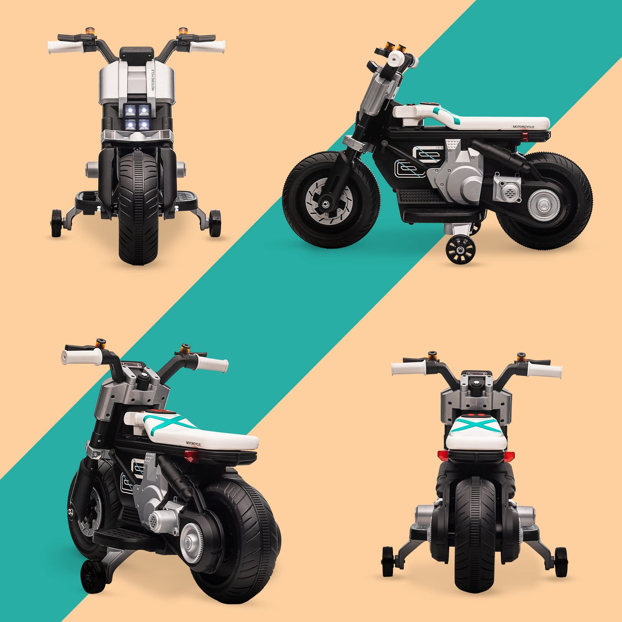 HOMCOM Moto Eléctrica para Niños de 3-5 Años 86x44x58 cm Negro y Blanco | Moto de Batería 6V, Faros, Música, Bocina, Velocidad 3 km/h, Avance Retroceso, Ruedas Auxiliares, Carga 25 kg