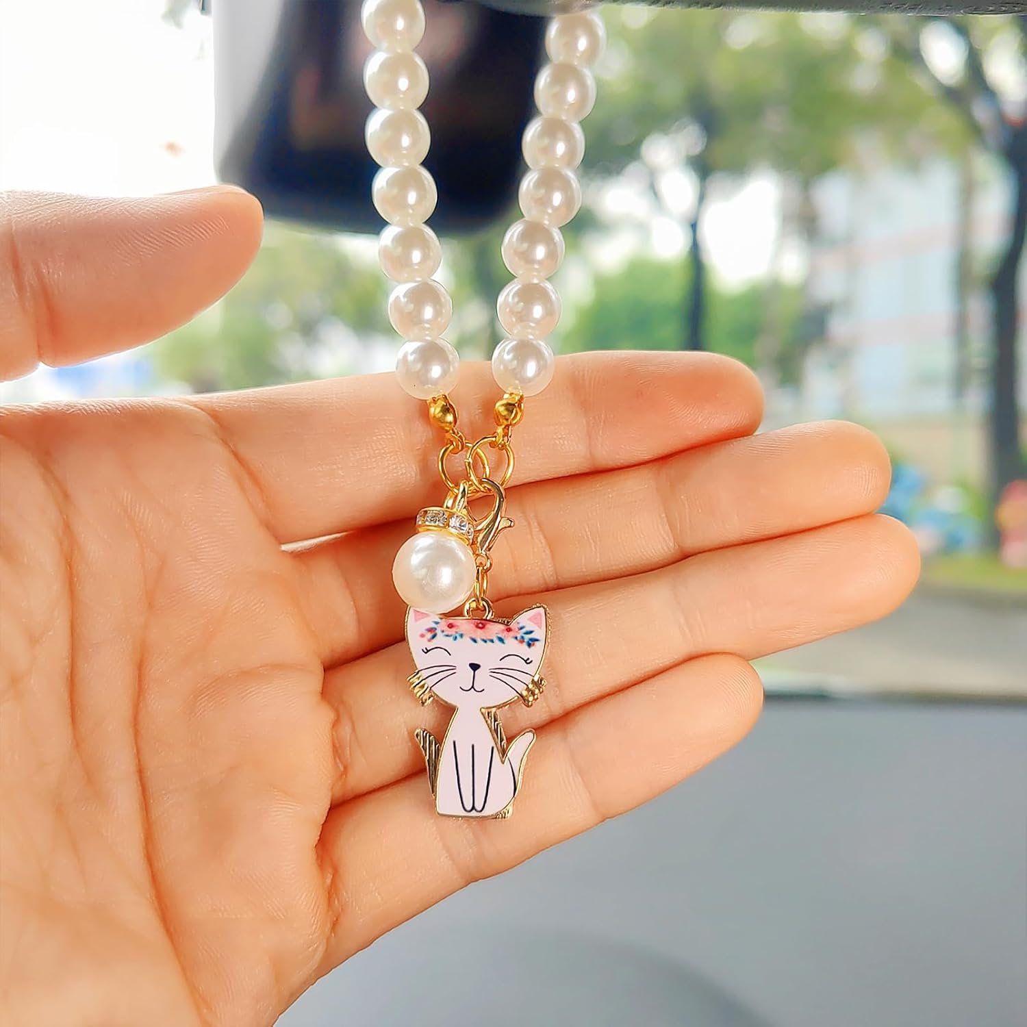 Double-side Cat Rear View Mirror Accessories, Cute Car Decor for Women, Pearl Chain Mini Cats Car Charms Rearview Mirror Accessories image 4