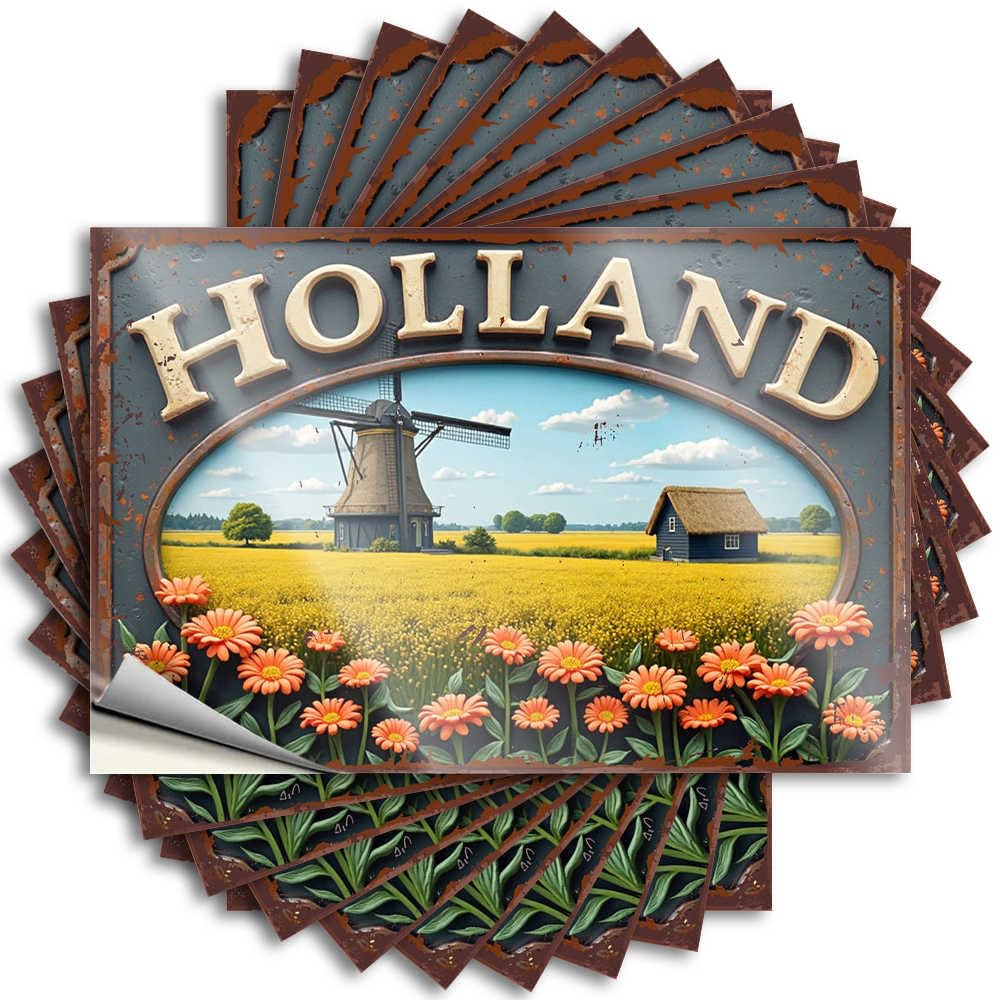 Tattoo Unique Gaming Wall Holland Windmill Amidst Vibrant Flower Fields - No Residue Decals for Interior(8X12CM)