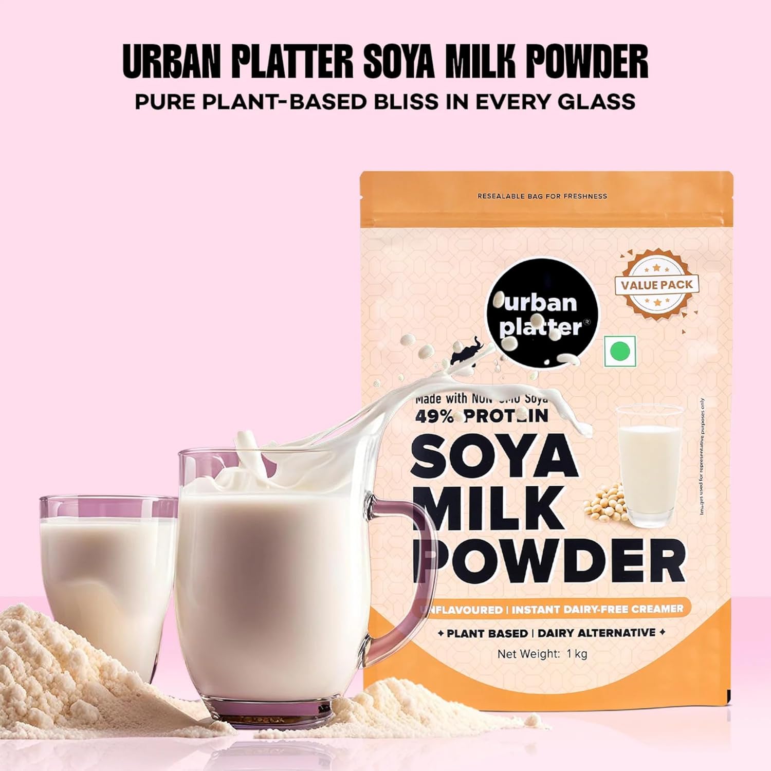 Urban Platter Soya Milk Powder | 35.27 Oz (1kg) | 49% Plant Protein | Unflavored Soy Milk for Coffee, Tea, Smoothies, Baking & Cooking | Non-GMO, Dairy-Free, Vegan