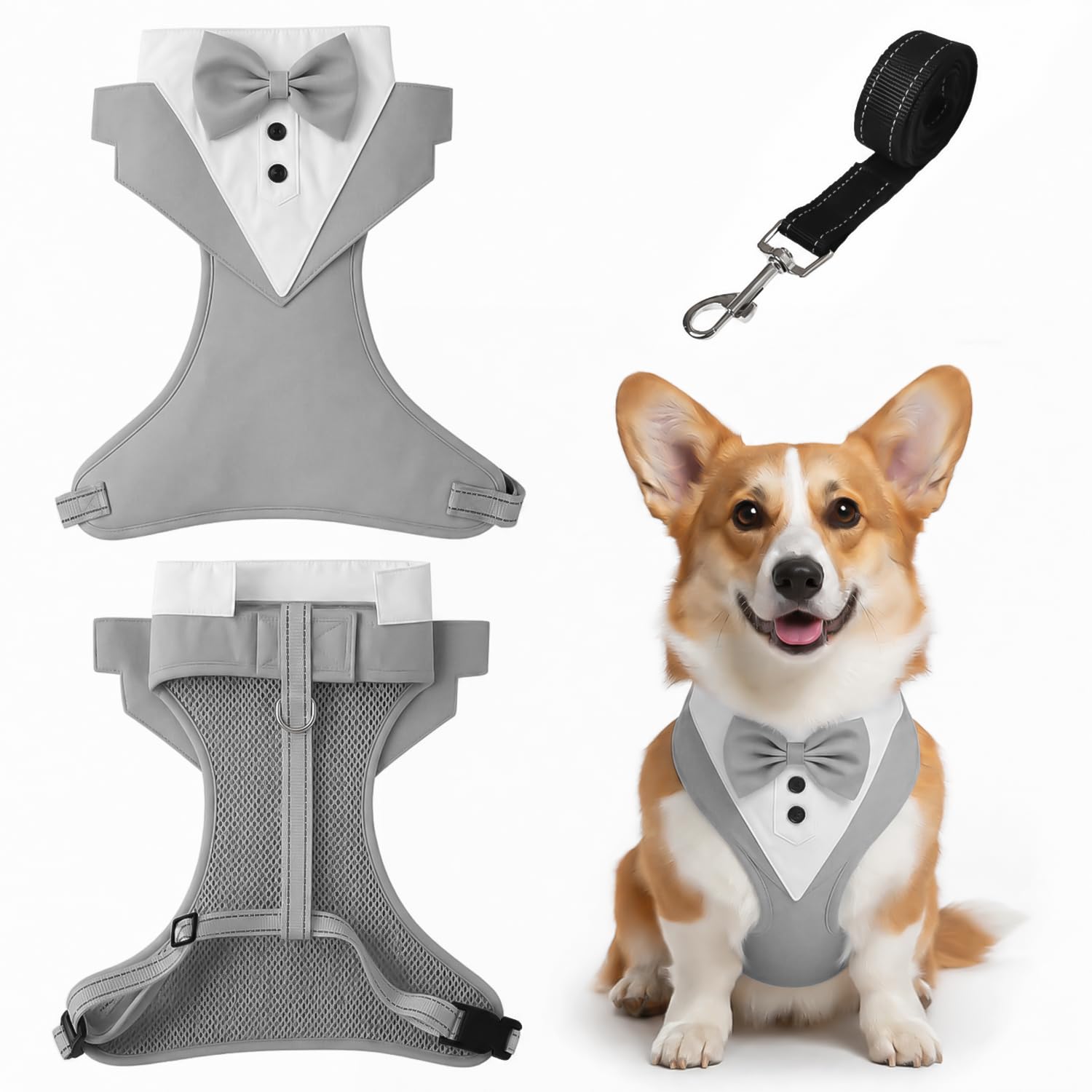 Tuxedo Style Dog Harness with Bow Tie - Wedding Outfit, Secure Step-in No Pull Padded Adjustable for Small Medium Dogs, Puppies, Cats, French Bulldogs(Grey L)