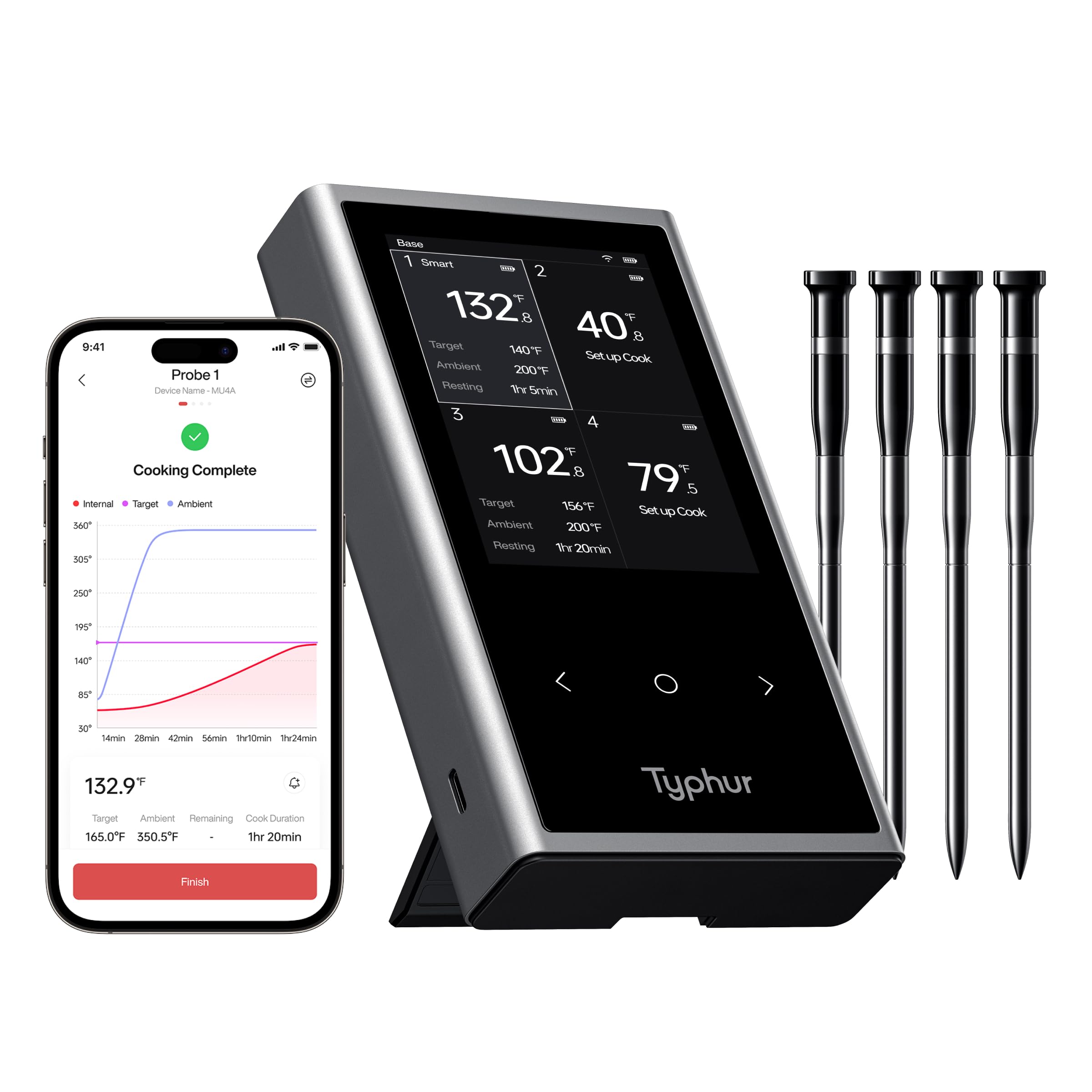 Typhur Thermomètre à Viande Intelligent Sans Fil -2 Sondes 12 Capteurs, 122m Bluetooth 5.4 Haute Stabilité, Surveillance WiFi Illimitée, IP67 Etanche Thermomètre Cuisine Cuison pour Gril Four Barbecue