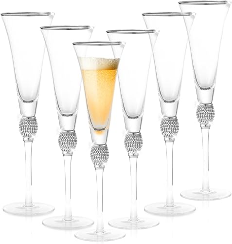Miniatura 8 de Copas de trompeta de champán de alta calidad, copas de champán de cristal con borde dorado y diseño de diamantes de imitación dorados, 9 onzas cada