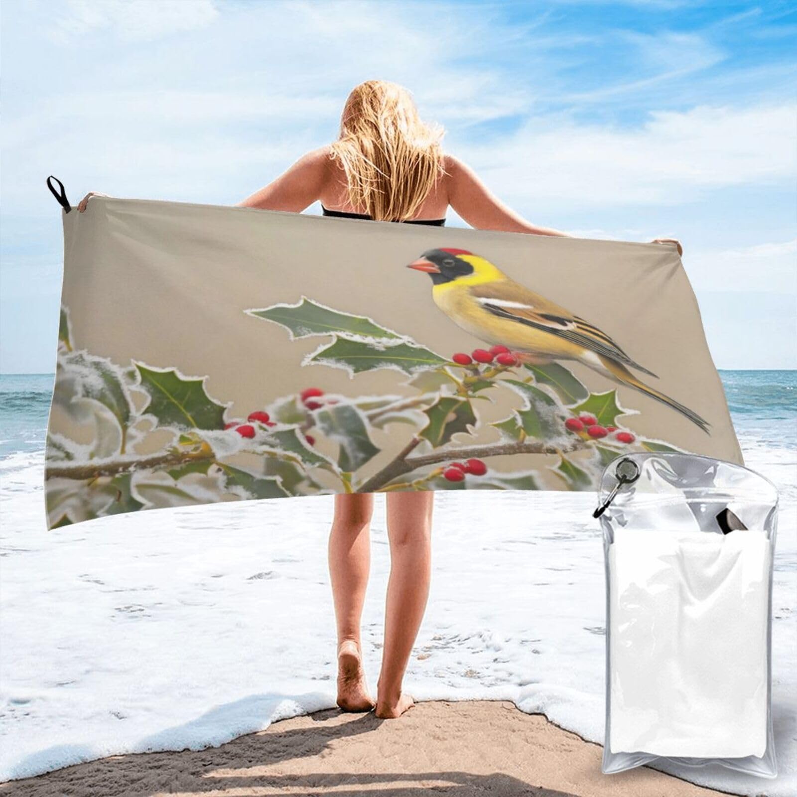 Anceky Photograph of A Goldfinch Perched Quick Dry Microfiber Travel Towel with Carry Case and Carabiner 27.5"X55"