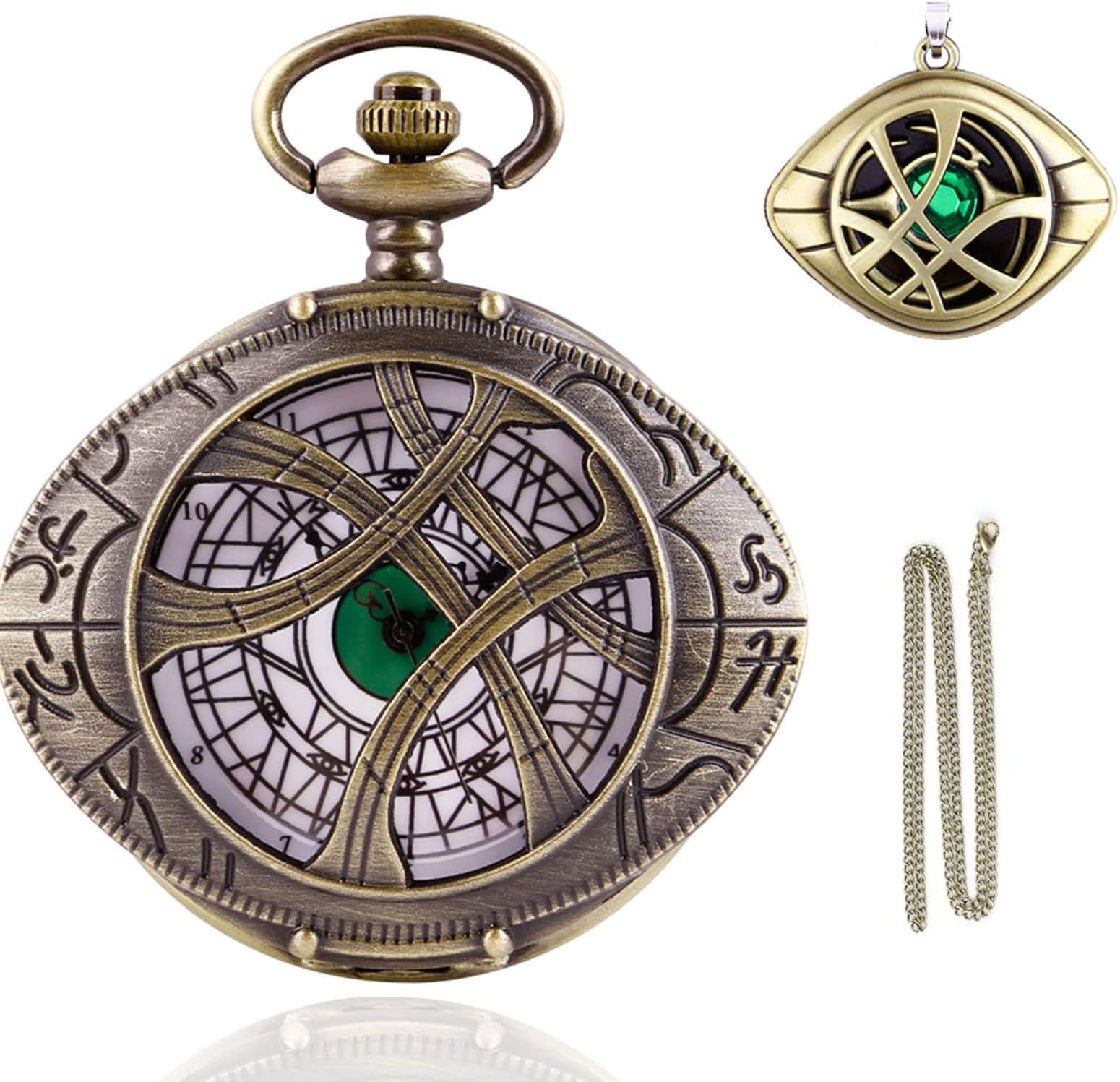 Tiong Men's Hollow Doctor Strange Eye Quartz Pocket Watch,Engraved Eye Dail Design Pocket Watches with Chain for Men
